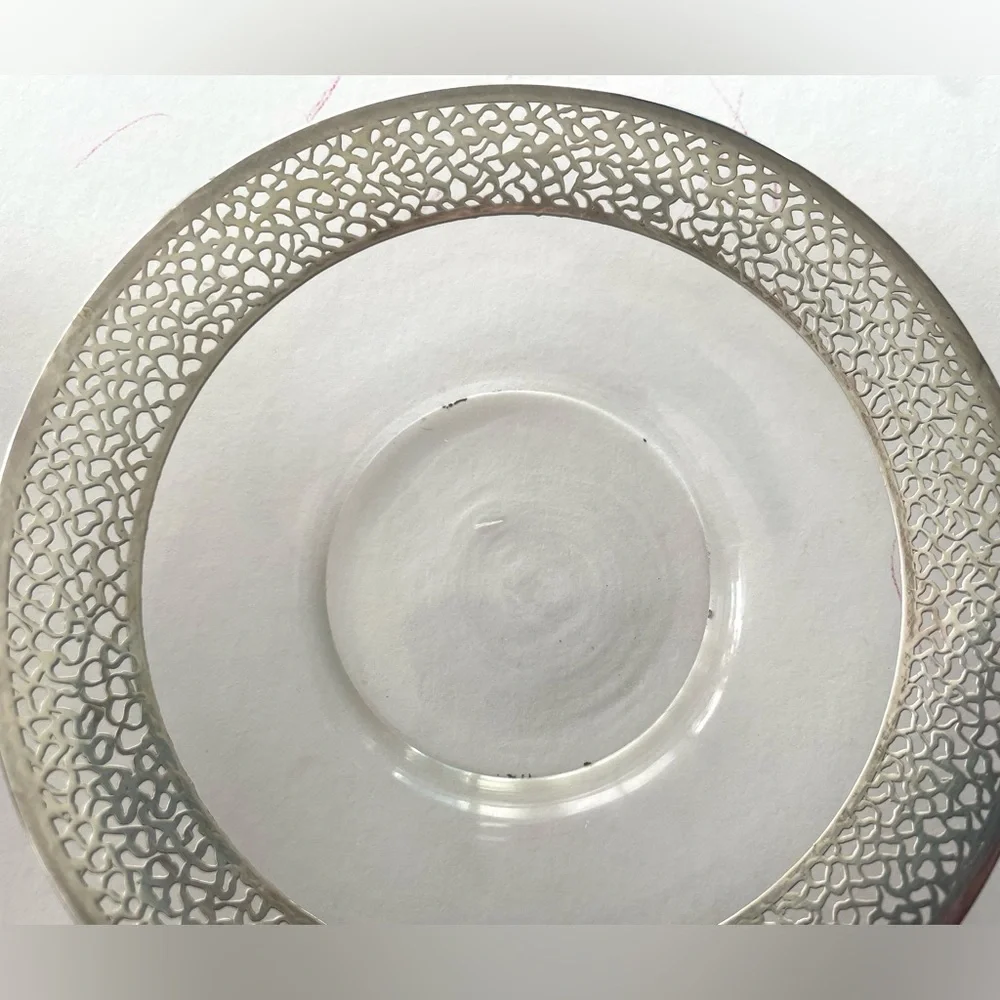 Five Vintage Clear Glass Sterling Silver Lace Overlay Bread Plates